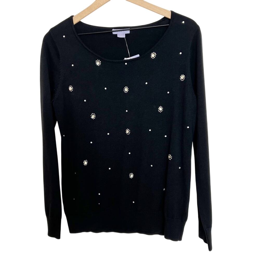 Laura Scott Black Women Long Sleeve Beaded Front Medium Sweater Brand New